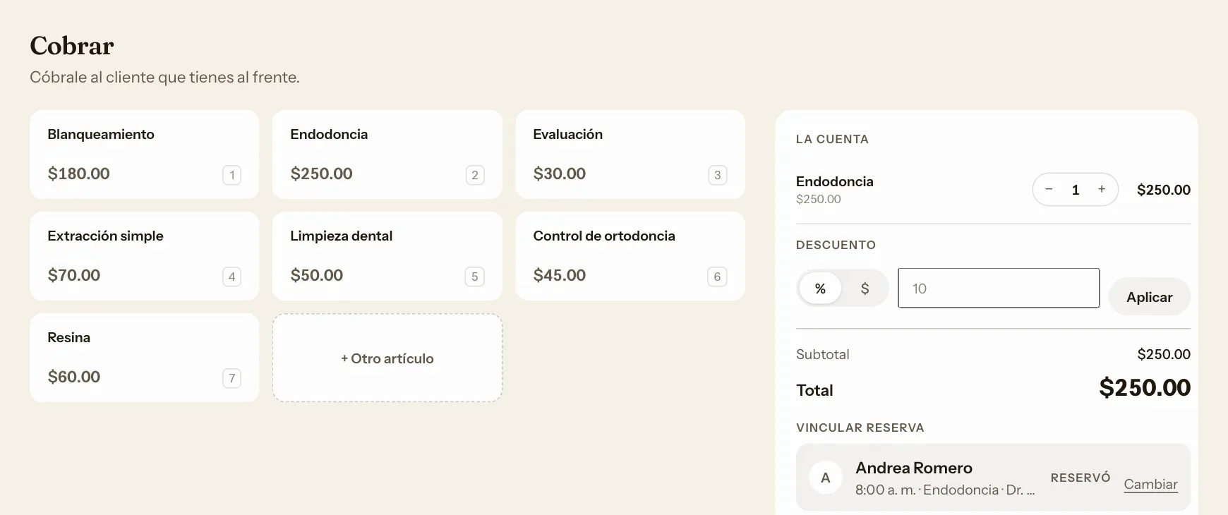Pantalla Cobrar de Dale con una limpieza dental vinculada a la cita de Patricia Lee