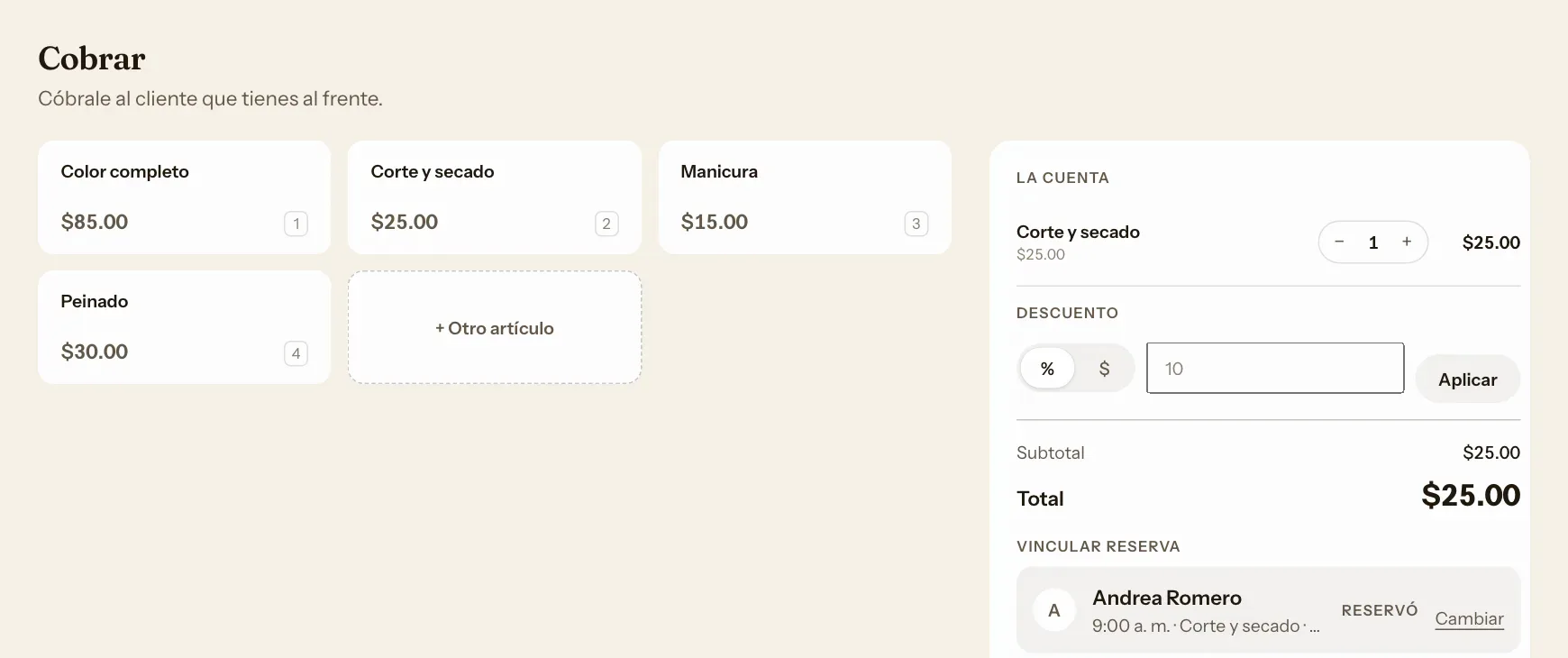 Pantalla Cobrar con los servicios de una cita del salón