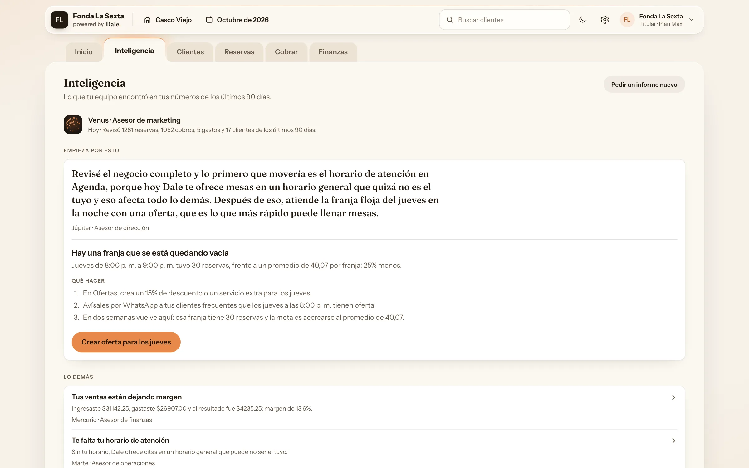 Inteligencia de Dale en tu restaurante: la lectura semanal de cuatro asesores
